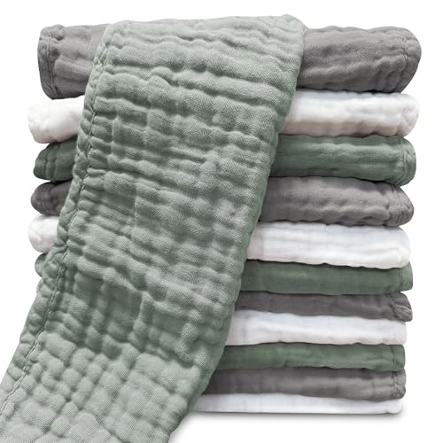 Image of Sunny zzzZZ Muslin Burp Cloths for Baby 100% Cotton Burping Cloths for Unisex, Boy, Girl - Large 20'' by 10'' Newborn Essentials Ultra Soft Absorbent Milk Spit Up Rags - 12 Pack - White+Green+Grey