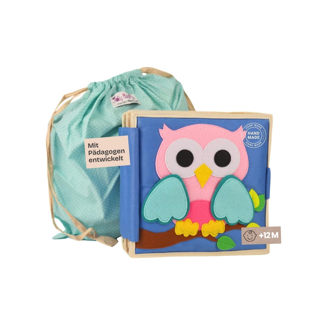 Jolly Designs – Pastell Junge Eule – 6 Seiten Premium Quiet Book – Montessori Spielzeug ab 1 Jahr – Motorik & Sensorik fördern – Handgefertigtes Filzbuch – Lernspielzeug für Kleinkinder – Busy Book