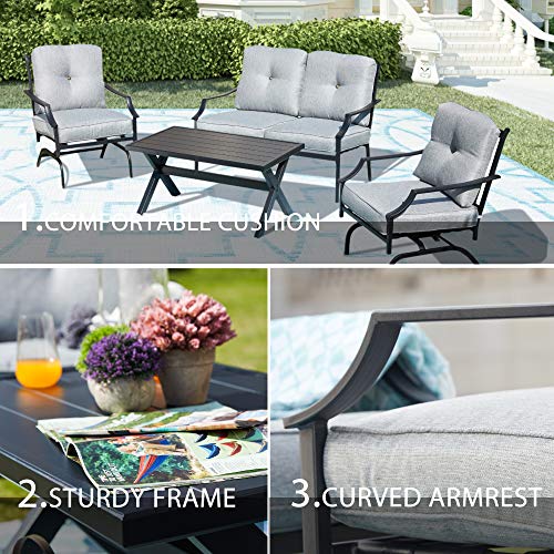 Image of LOKATSE HOME 4 Pieces Outdoor Conversation Furniture Bistro Metal Seating Patio Armchairs Loveseat Set with Cushion & Coffee Table, Grey