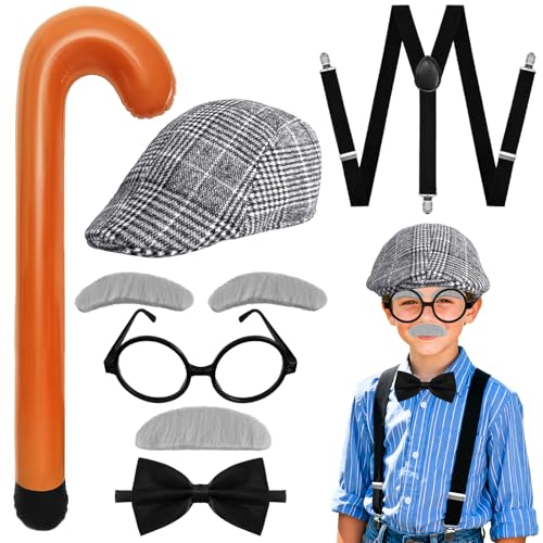 Paradi star 8 Pcs Old Man Costume Accessories for Kids 100 Days of School Grandpa Dress up Hat Glasses Mustache Eyebrows Bow Tie Suspender Cane for Aging Cosplay Halloween