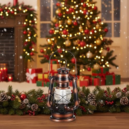 Image of Hortsun 2 Pieces 8 Inch Vintage LED Hurricane Hanging Lantern | 12 Warm Leds, Dimmer Switch, Battery Operated, Farmers Hanging Lantern for Indoor Outdoor Camping Usage Decor