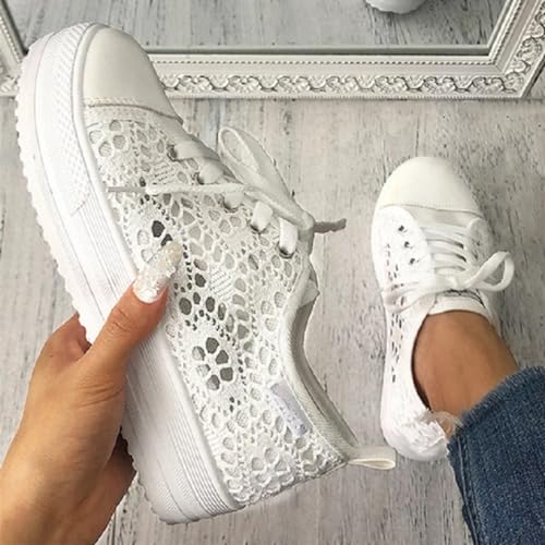 Women's Canvas Lace Mesh Sneakers Summer Lace up Breathable Low Top Shoes Round Toe Anti-Slip Platform Sneakers4
