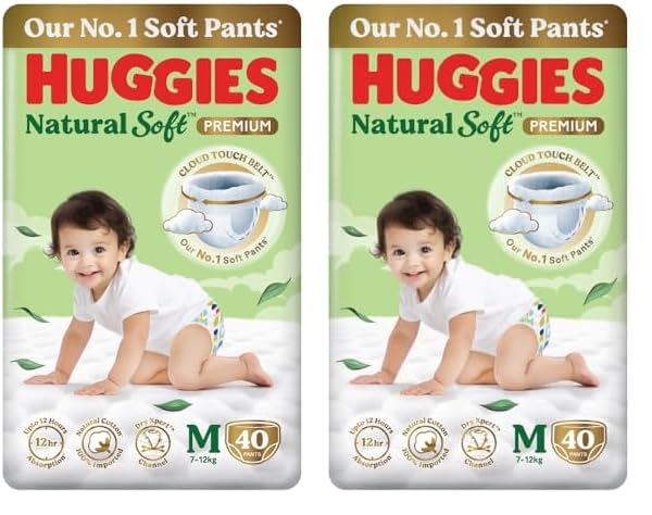 Image of Huggies Natural Soft Premium Baby Diaper Pants, Our No.1 Soft Pants, Medium (M) Size (7-12 Kgs), Pack of 80 diapers | Cloud Softness All over with India's 1st Cloud Touch Belt