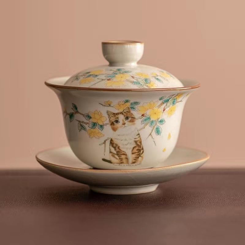 Taza de té de Porcelana China Gaiwan con platillo y Tapa, 150 ml, con diseño de Flor de glicina, Ideal para Fiestas en casa, Cocina y Oficina (Elegante Flor de glicina).