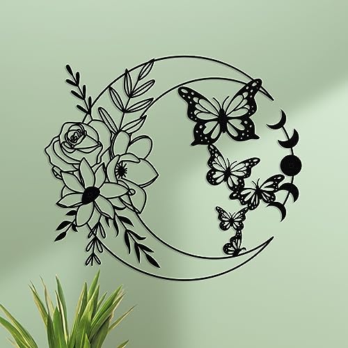 ruelen Moon Butterfly Metal Wall Decor Boho Wall Art Floral Boho Wall Hanging Home for Indoor Living Room Bedroom Bathroom Outdoor Garden Yard Fence Farmhouse Decoration (Moon Butterflies)