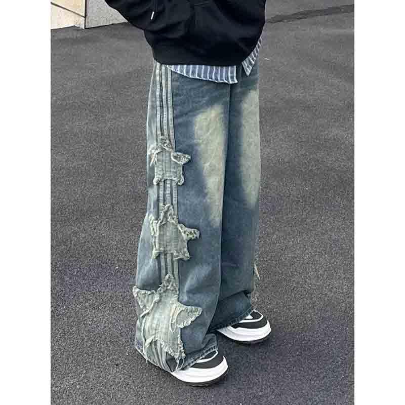 BXCNCKD Unisex Star Patch Denim Skirt, Loose Straight Leg Hanging Pants, Casual Wide Leg Pants3