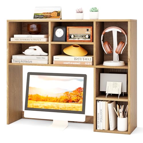 Image of Tangkula Desktop Bookshelf, 37 inch Countertop Storage Hutch with 7 Cubes & 3 Adjustable Shelves, 3-Tier Desk Display Rack Organizer, Multipurpose Wood Desktop Hutch for Dorm Home Office (Natural)