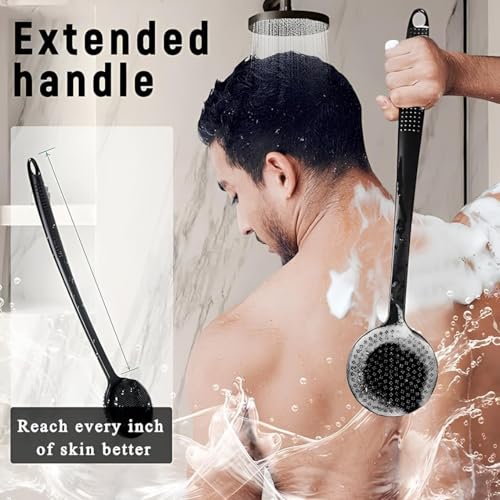 Image of KIMEE Silicone Body Scrubber and Bath Brush Combo - Long Handle Shower Brush for Back and Hexagonal Scrubber Set for Deep Cleansing, Body Massager and Exfoliator for Men and Women, Black