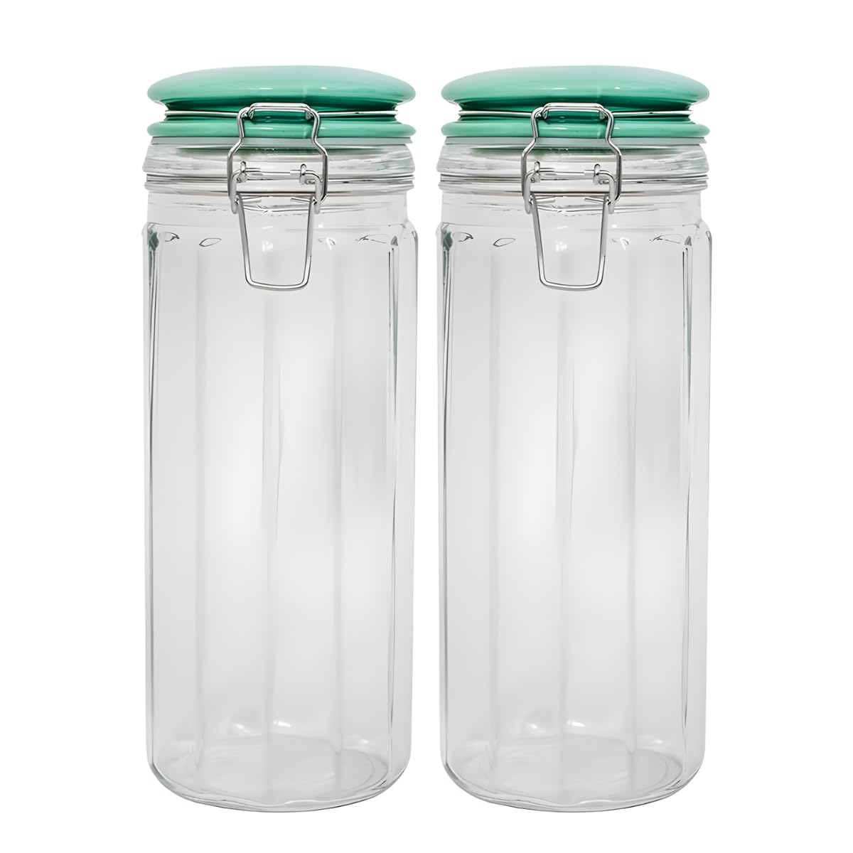 Yöl Green Set Of 2 Fluted Glass Storage Jar With Ceramic Lid 1350Ml Airtight Clip Lock Food Container For Sweets Biscuits Coffee Sugar Pasta And Dried Foods Kitchen Organisation Canister
