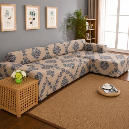 Image of Gifts Island Premium 160GSM Super Soft Beige Damask Stretchable Sofa Cover L Shape 7 Seater Fully Covered | Suitable for Both Left and Right Side Chaise Sofa (Beige Damask, 4+3 Seater)