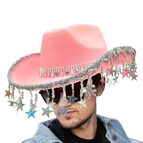 Sombreros de vaquero para fiesta, sombrero de vaquero con purpurina, tocado brillante con borlas de estrella de cinco puntas para mujer, evento de mascarada