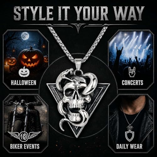 Collier tête de mort acier inoxydable robuste chaîne 61 cm de qualité - 6