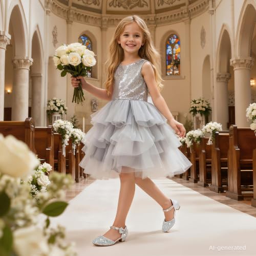 Image of Motasha Sparkly Girls Dress Shoes Kids High Heels Toddler to Big Kid | Glitter Closed Toe, Rhinestone Bow Straps, Hook-and-Loop Closure, Low Heel, Anti-Slip Outsole for Wedding Birthday Parties