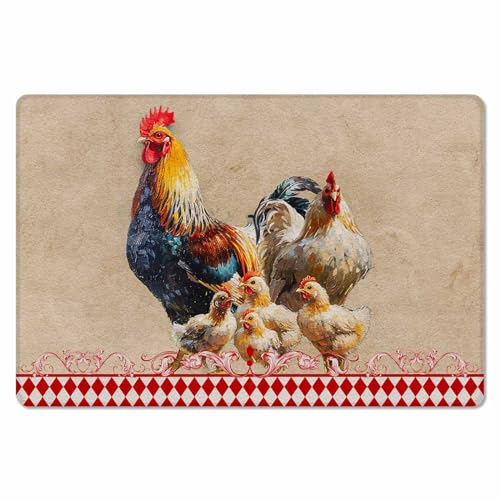 Farmhouse Chick Antifatigue Kitchen Bath Door Mat Cushioned Runner Rug,Washable Welcome Floor Sink Mat,Waterproof & Non-Slip Standing Doormat for Kitchen,Brown Plaid Retro Animal Rooster 18