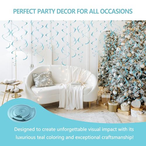 Image of Teal Hanging Swirls Party Decorations 30 Pack- Extra Long Double Swirl Ceiling Decorations for Birthday, Baby Shower, Christmas, Wedding | Reusable Teal Party Streamers with Hooks