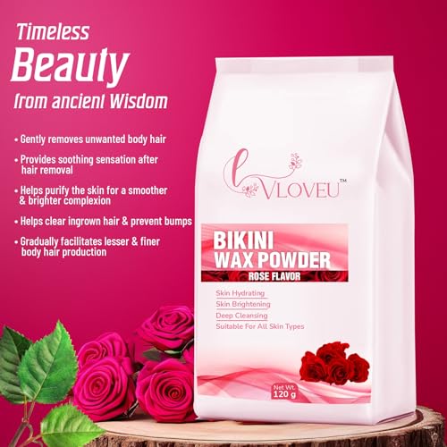 Image of VLOVEU - Rose Bikini Wax Powder for Women - 120g, Pack of 1 | 5 Minutes Painless Herbal Wax Powder for Hair Removal | Easy to Use at Home, No Chemicals - No Irritation, Bikini Wax for Women and Girls
