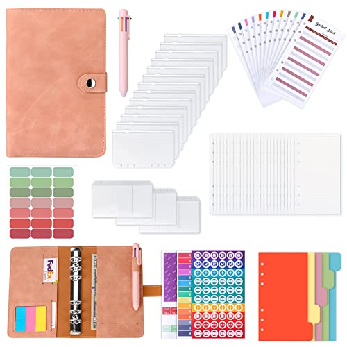 Enveloppe Budget,Classeur Budget,83pcs Classeur A6 en PU Cuir,Avec Pochette Budget Enveloppe、 Feuilles de Budget 、étiquette Stickers、Feuilles de Recharge Papier A6,Stylos à Bille Multicolore-F Cover