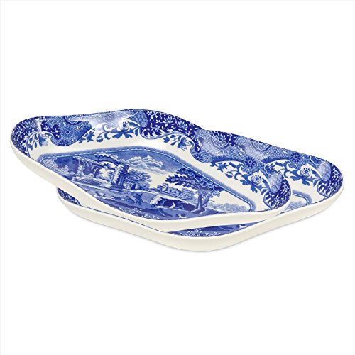 Spode Blue Italian Pickle Dishes, Set of 2-8.5-Inch Porcelain Appetizer Trays with Scroll Border & Countryside Artwork - Elegant Small Serving Pieces for Entertaining & Dining Displays