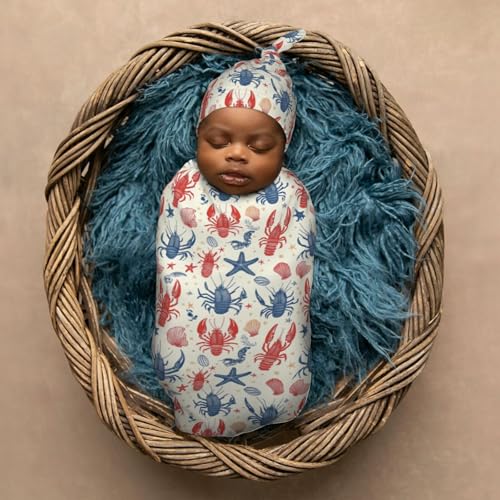 Image of Blue and Red Lobster Newborn Swaddle Blankets Hat Sets Soft Baby Receiving Blanket Swaddle Sack for Baby Shower Infant Boy Girl Gift