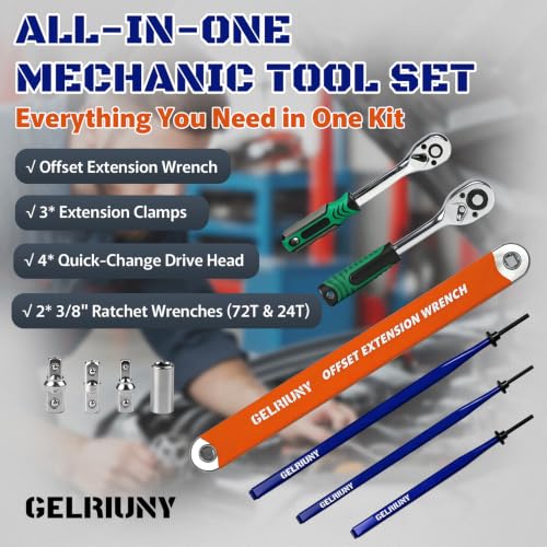 Image of 6 Pcs Offset Extension Wrench Set, 3 Extension Clamps with 24T&72T Ratchets | Includes 1 /4 inch 3 /8 inch 1 /2 inch Drive Adapters. Premium forged offset wrench kit for auto, DIY and all hard-to-reach tight spaces