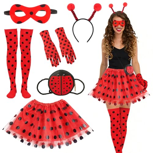 Aurihxus Marienkäfer Kostüm Damen, Marienkäfer Kostüm Zubehör Set, Ladybug Faschingskostüm, Marienkäferkostüm Zubehör für Karneval mit Rote Tutu