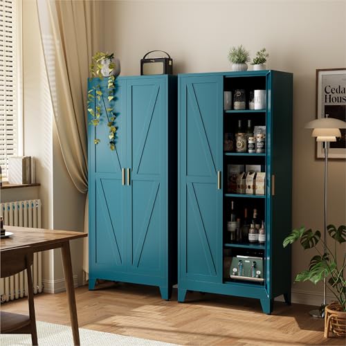 Image of COFaR 71 inch Metal Pantry Cabinet in Peacock Blue, 5-Tier Storage with Adjustable Shelves, Modern Statement Cupboard for Kitchen, Bathroom & Living Room