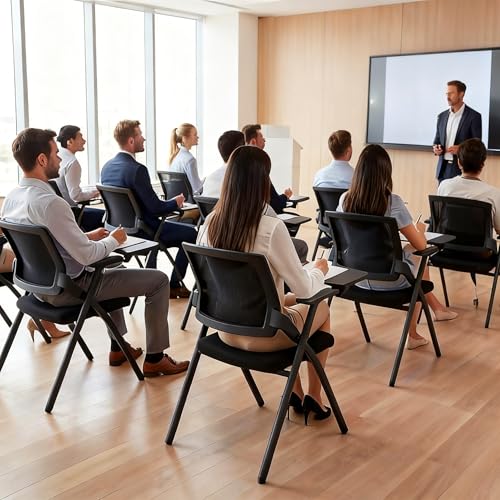 Image of Professional Folding Training Chairs with Tablet Arm, Office Meeting Desk Chair with Writing Tablet and Cup Holder, Space-Saving Nesting Chairs for Conference room ,School, Seminar, Classroom
