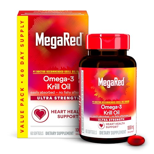 MegaRed Ultra Strength 1000mg Omega-3 Krill Oil Supplement with EPA/DHA, Astaxanthin & Phospholipids, No Fish Oil Aftertaste Supports Heart, Brain, Joint and Eye Health, 60 Count Softgels.