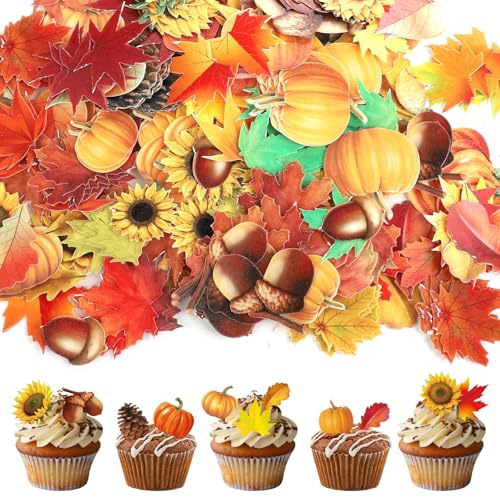 280pcs Fall Cake Decorations - Edible Sunflower, Leaf, Pumpkin Cupcake Toppers - Autumn Edible Cake Decors for Baking, Food, Thanksgiving Party Supplies (40 Styles)