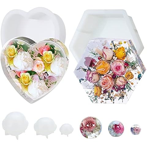 5Pack Large Silicone Molds for Resin Glossy Deep Square Molds Hexagon Silicone Molds Heart Bookends Resin Mold with 3 Pcs Round Epoxy Resin Molds for Flowers Preservation DIY Art Making Home Decor Cover