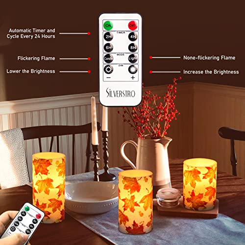 Image of Flameless Candles Remote Fall Leaves Decal Flickering Real Wax Battery Operated Candles for Home Party Wedding Botanical Christmas Fall Decorations - Set of 3