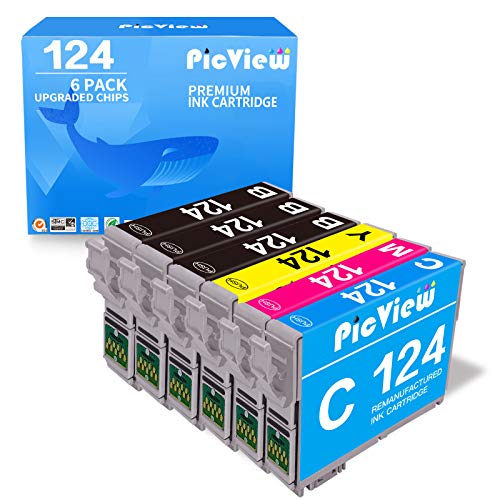 PicView 6 Pack 124 Remanufactured Ink Cartridge Replacement for Epson 124 T124 Work for NX125 Stylus NX127 NX130 Stylus NX230 NX330 Stylus NX420 NX430 Workforce 320 323 325 435 Printer, 3BK/C/M/Y