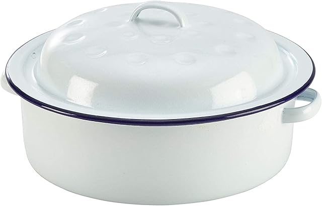 20cm Falcon Enamel Roasting Casserole Pan with Lid Round Roaster Dish Bowl Houseware Kitchen Veg Meat Tray Self Basting Oven Baking White