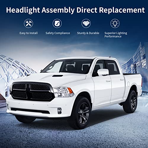 Autosaver88 Headlight Assembly Compatible With 2009-2018 Dodge Ram 1500/2010-2018 Dodge Ram 2500 3500/2019-2022 Ram 1500 Classic Pickup Quad Chrome Housing With Daytime Running Lamps #TOP6