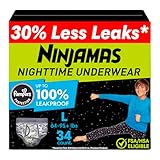 Ninjamas Boys Bedwetting Nighttime Underwear, Size L (64-95+ lbs), 34 Count, Overnight Protection, Ultra Absorbent, Hypoallergenic