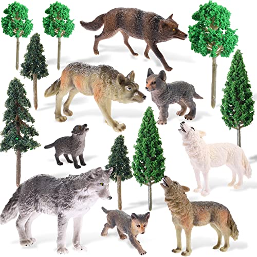 16 Pcs Woodland Animals Figures Model Trees Kit, 8 Pcs Wolf Toy Figurines and 8 Pcs Mixed Plastic Trees Forest Wolf Tree Cake Topper for Diorama Supplies Miniature Dollhouse Accessories Train Scenery