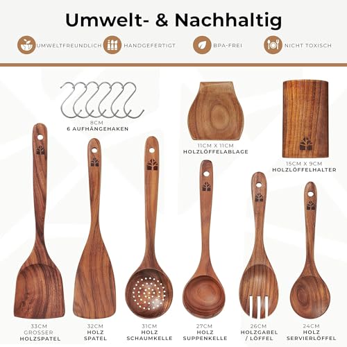 Holz-Kochbesteck-Set-mit-Halter-Pfannenwender-Kochloeffel-Schoepfkelle-Nudelheber-Servierloeffel-Sieb--mit-Haken-Halter-und-Ablage--13-teiliges-Set-Kuechenset--hochwertig-nachhaltig : Aus-Holz-gemacht....