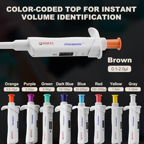 Image of 4E's USA Lab 0.1-2.0μL Pipette: Single-Channel Adjustable Micropipette with Color-Coded Top (Brown), 4 Digit Display, Universal Tip Cone, High Accuracy, ISO 8655 Calibrated & Lower Part Autoclavable