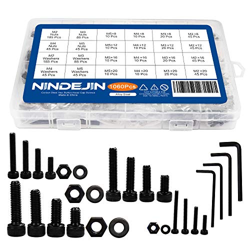 Juego de tornillos Button 1060 piezas, acero al carbono, tornillos, tuercas y arandelas, surtido con caja de almacenamiento