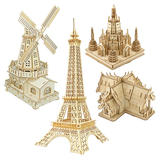 Bitopbi 3D Wooden Puzzles Laser Engraving Diy Safe Assembly Constructor Kit Toy For Teens And Adults, World Famous Buildings Mechanical 3-D Models For Self-Assembly (Eiffel Tower) #TOP3