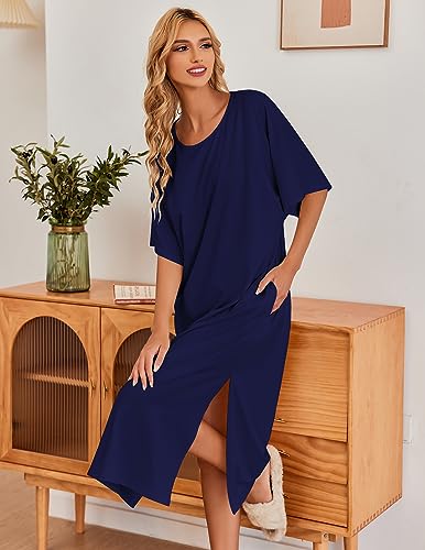 Image of Ekouaer Women's Nightgown Short Sleeve Sleepshirt Long Loungewear Casual Maxi Lounge Dress House Dresses with Pockets