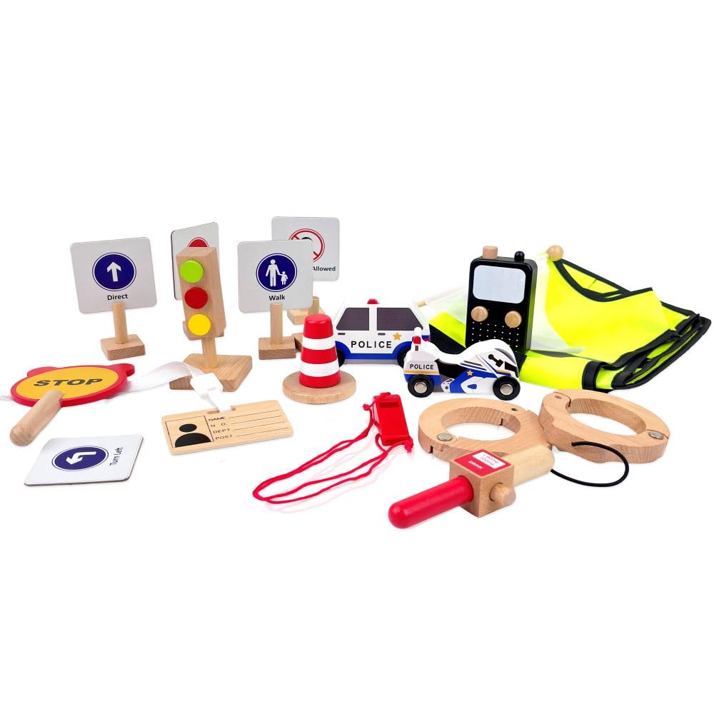 Wudly Wooden Traffic Police Play Set, Pretend Play Set, Activity Toy for Kids, Montessori Game, Role Play