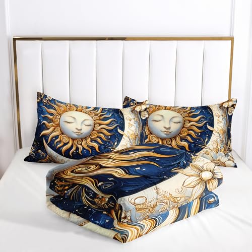 Image of AILONEN Sun and Moon Bedding Set Queen Size,Blue White Flower Exotic Boho Moon Comforter Set,Galaxy Soft 3Pcs Quilt with 2 Pillowcases