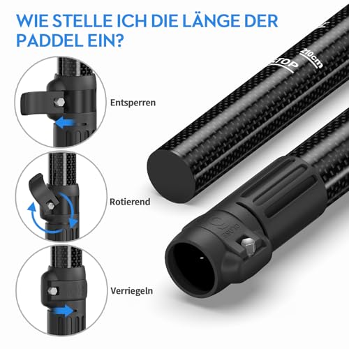 FOWAWU SUP Paddel, 3teilig Carbon Paddel verstellbar 160-210 cm, sehr leicht 1.45 lbs(657g) paddel für Stand-up Paddling Surfboard Bootfahren Kanusport