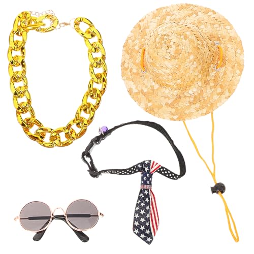 BAZEITFLOW ペット用ファッション点 猫用サングラス ストローハット ゴールドチェーン首輪 猫写真小道具 衣装デコレーション 快適おしゃれ装飾