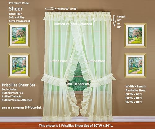 Image of Today's Curtain, Emelia Priscilla Sheer Pair 60 inch W x 84 inch L, Ecru, 5-Piece-Set