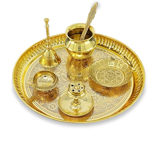 Image of BENGALEN Brass Pooja Thali Set 8 Inch Puja Thali with Pital Designed Plate Kalash Kangura Plate Dhup Dan Kuber Diya Ghanti Palli for Diwali Home Office Mandir Wedding Return Gift Items