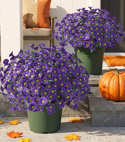 Image of HyeFlora Artificial Mums for Outdoors Fall Decor, 6 Bundles Fake Flowers UV Resistant Realistic Faux Flowers Bouquet Silk Flowers for Outside Planter Porch Patio Garden Yard Balcony Home, Purple