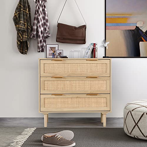 HOPUBUY 3 Drawer Dresser for Bedroom, Rattan Modern Closet Dressers Chest of Drawers, Wood Oak Storage Chest for Kids Bedroom, Hallway, Living Room - Image 8