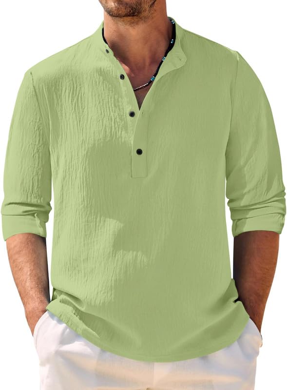 hemilique Men’s Casual Popcorn Texture Short Kurta with Mandarin Collar & Button Placket | Crinkle Style Lightweight Full Sleeve Ethnic Top for Festive, Beach, Travel-picture-3